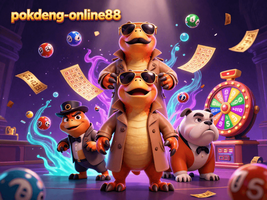 Engage with the energetic world of pokdeng-online88 featuring cartoon raptors and colorful lottery elements.