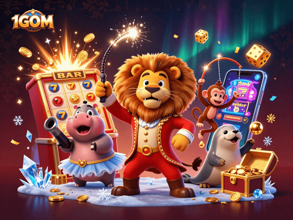 Experience exciting wins with 1GOM's vibrant 3D casino illustration showcasing action-packed gameplay.