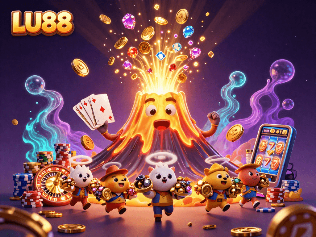 LU88 showcases vibrant casino excitement with an erupting volcano spilling treasures, capturing thrilling wins in action.
