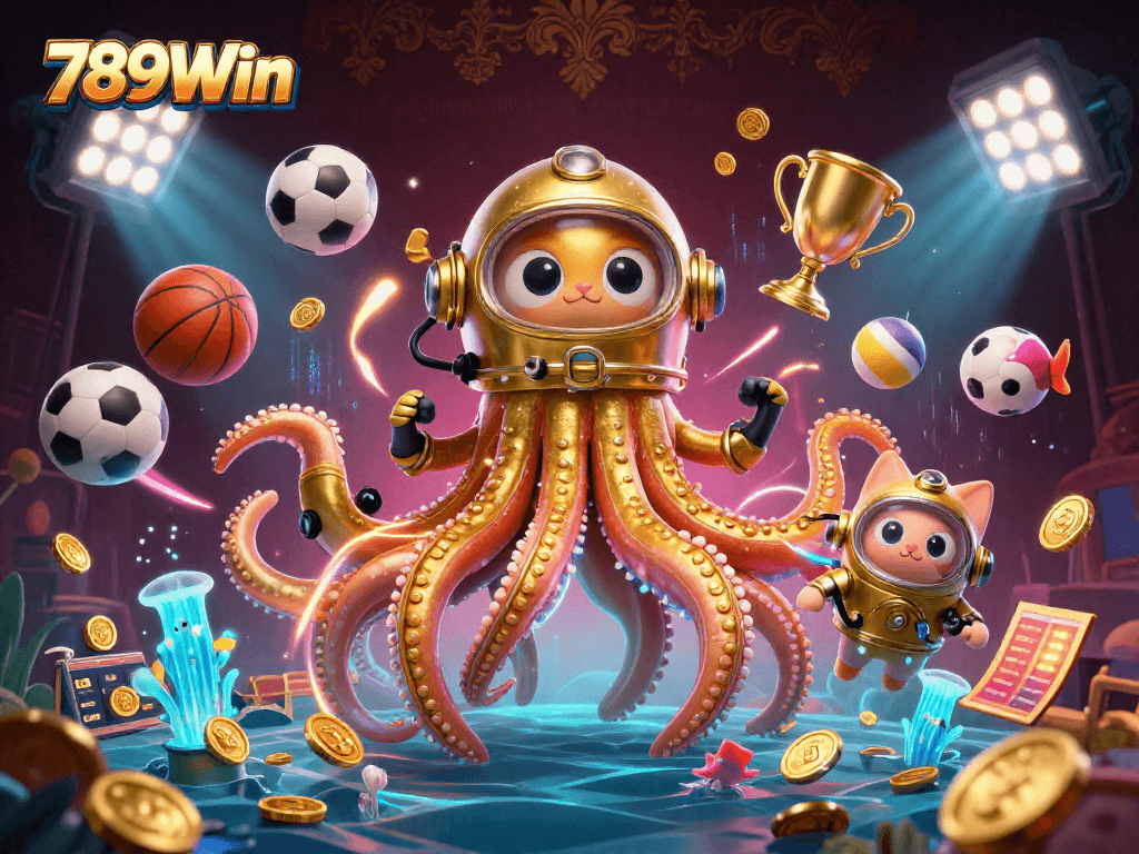 Engage in thrilling adventures with 789Win's colossal kraken and diving cat in this vibrant casino illustration.