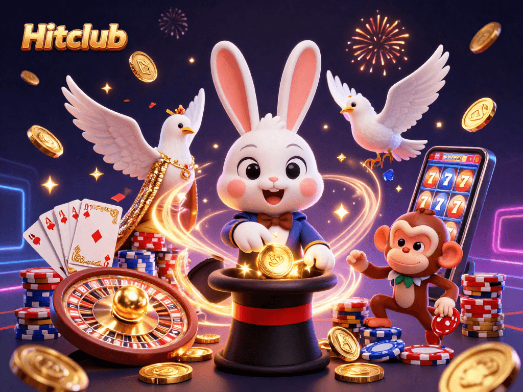 Engage with Hitclub's thrilling atmosphere while a magician rabbit conjures gold coins during a casino adventure