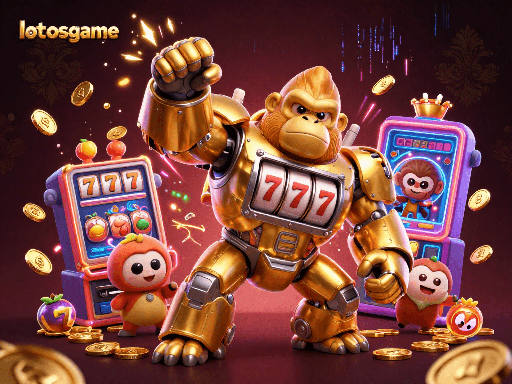 Experience thrilling gaming moments in lotosgame with a dynamic 3D scene featuring a golden gorilla mech and slot machine elements.