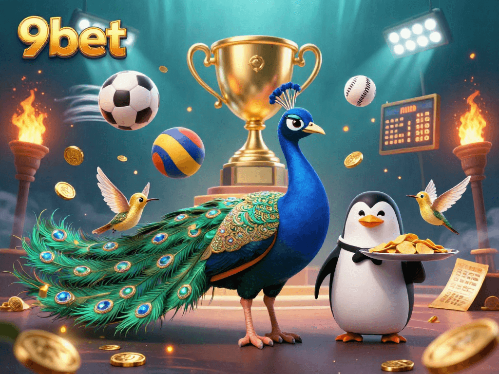 Experience dynamic sports betting action with 9bet in this vibrant 3D casino scene showcasing a peacock, penguin, and hummingbird.