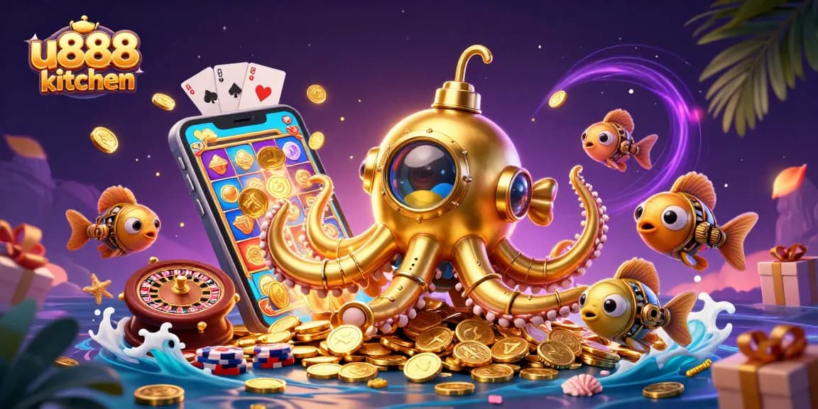 Play exciting games at u888 kitchen with a golden kraken submarine and vibrant casino elements.