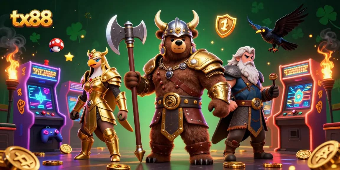 Experience the thrill of tx88 with a Viking bear and Valkyrie in an animated casino adventure.