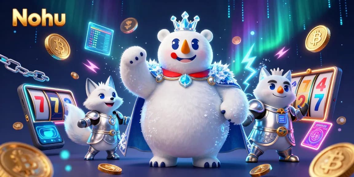Nohu's crypto-themed casino scene with a polar bear and fox, showcasing vibrant slot reels and coins