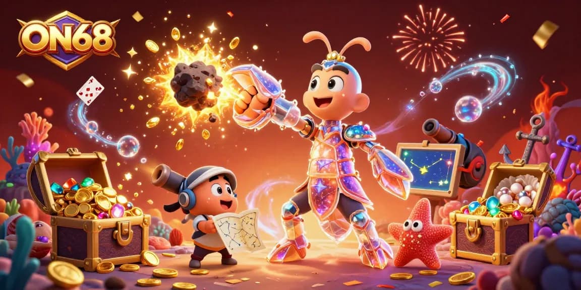 Experience the adventure with ON68's galactic samurai mantis shrimp amidst exploding treasures and casino-themed elements.