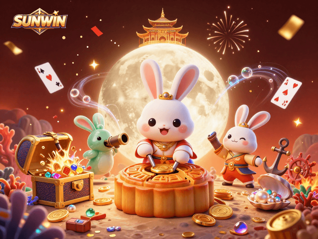 SUNWIN showcases a magical scene with a cute moon rabbit revealing poker chips while celebrating gaming excitement.