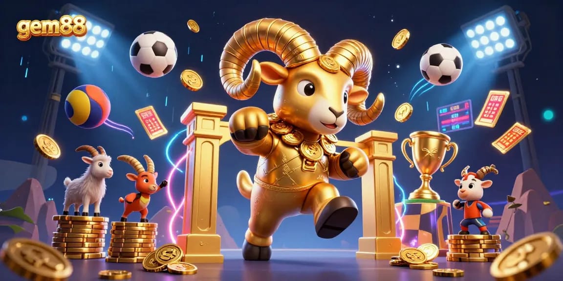 Experience gem88 with this vibrant 3D illustration capturing sports betting excitement and golden rewards.
