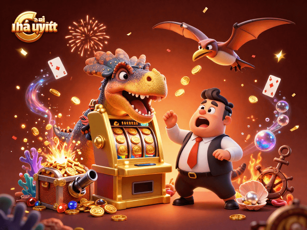 nhà cái uy tín showcases a vivid scene with vibrant characters and casino elements to engage players.