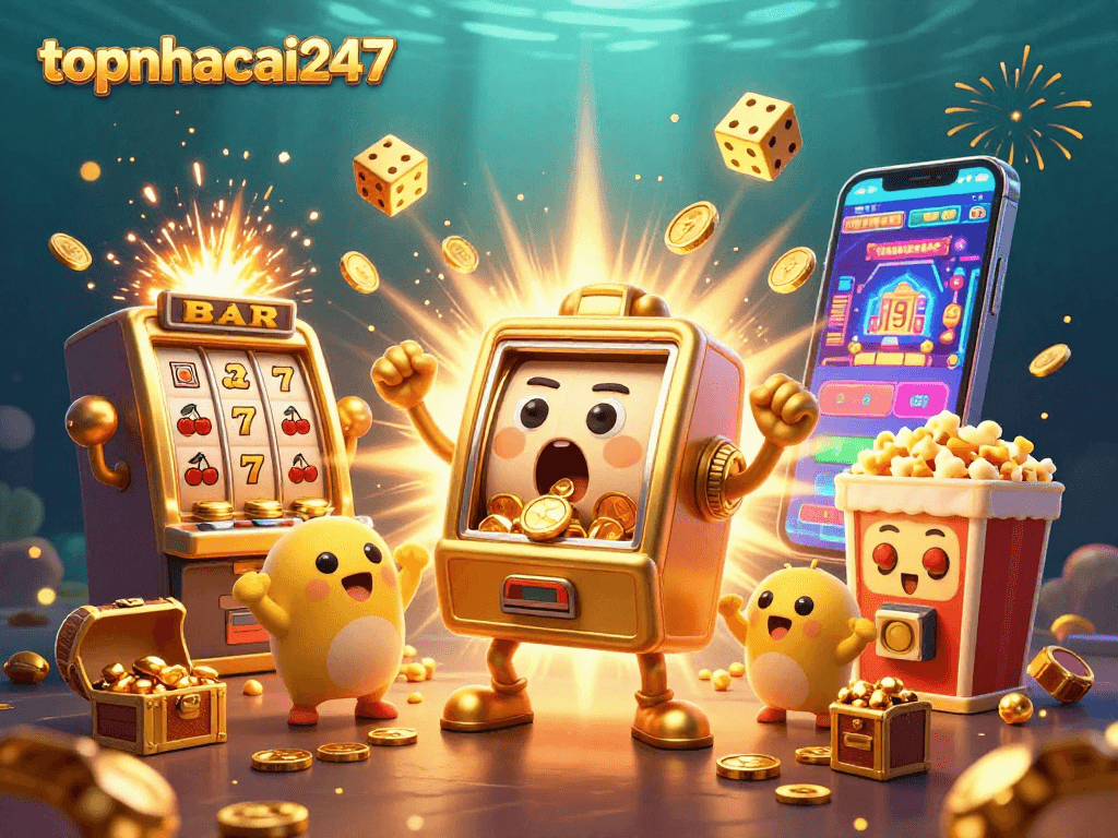 A golden slot machine celebrating a jackpot at topnhacai247, surrounded by cheering machines and dynamic casino elements.