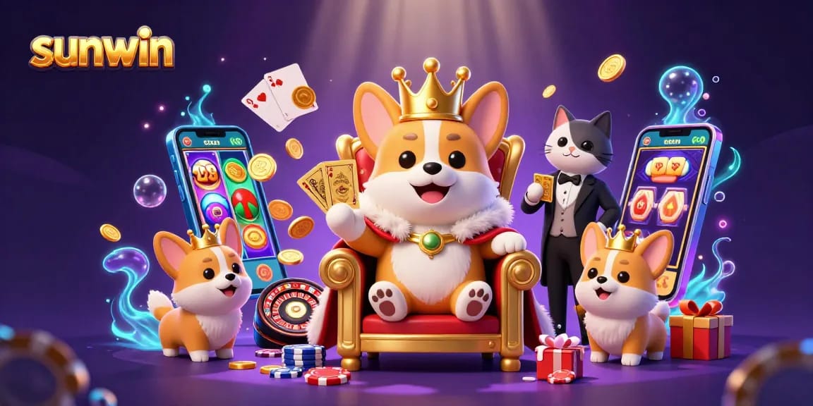 Engage with sunwin's vibrant casino realm featuring a royal corgi surrounded by poker elements.