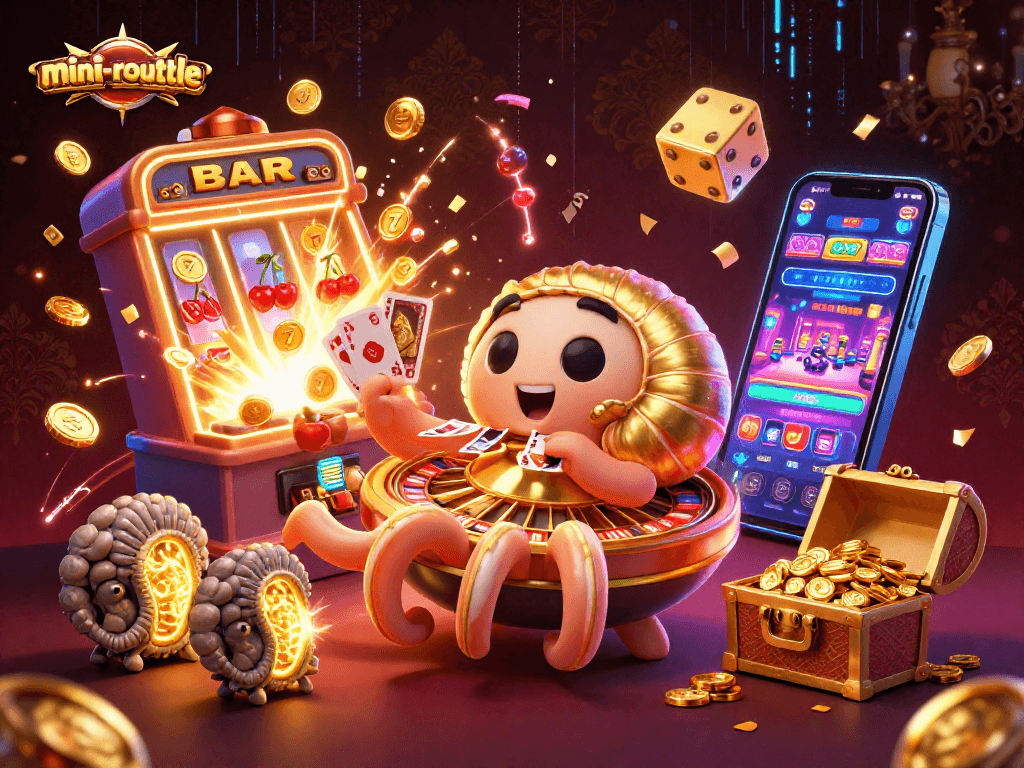 Experience the thrill of mini-roulette with our vibrant casino scene featuring a giant nautilus and jackpot elements.