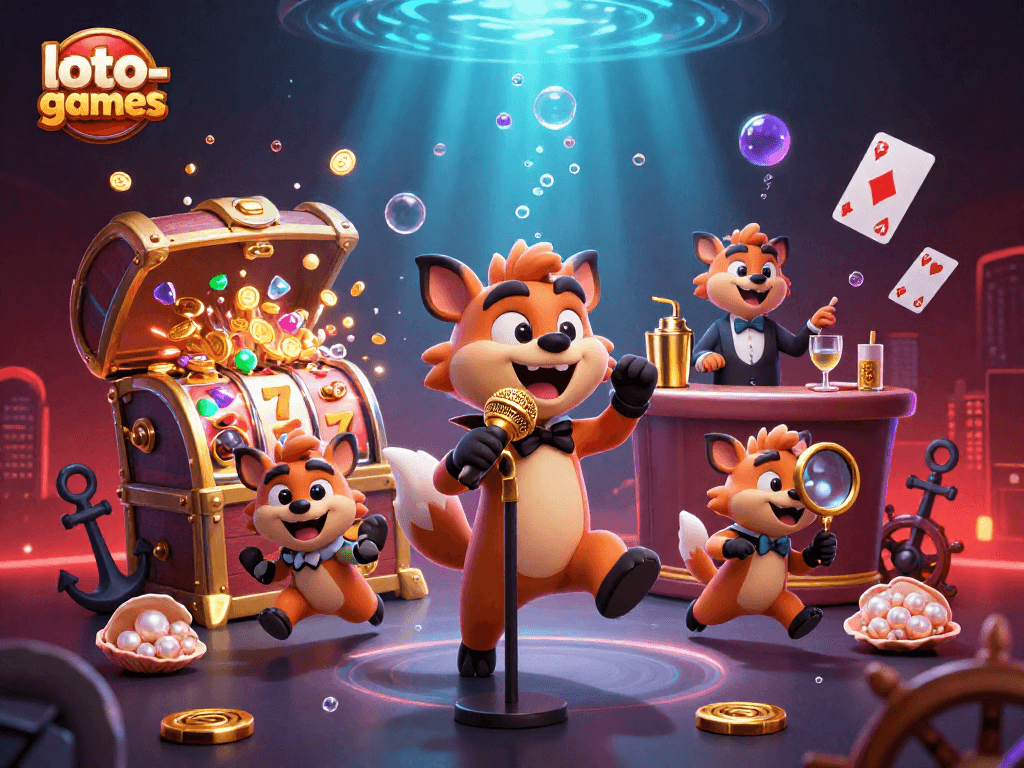 Loto-games features hyenas in a lively casino scene, showcasing a comedic atmosphere with gaming elements.