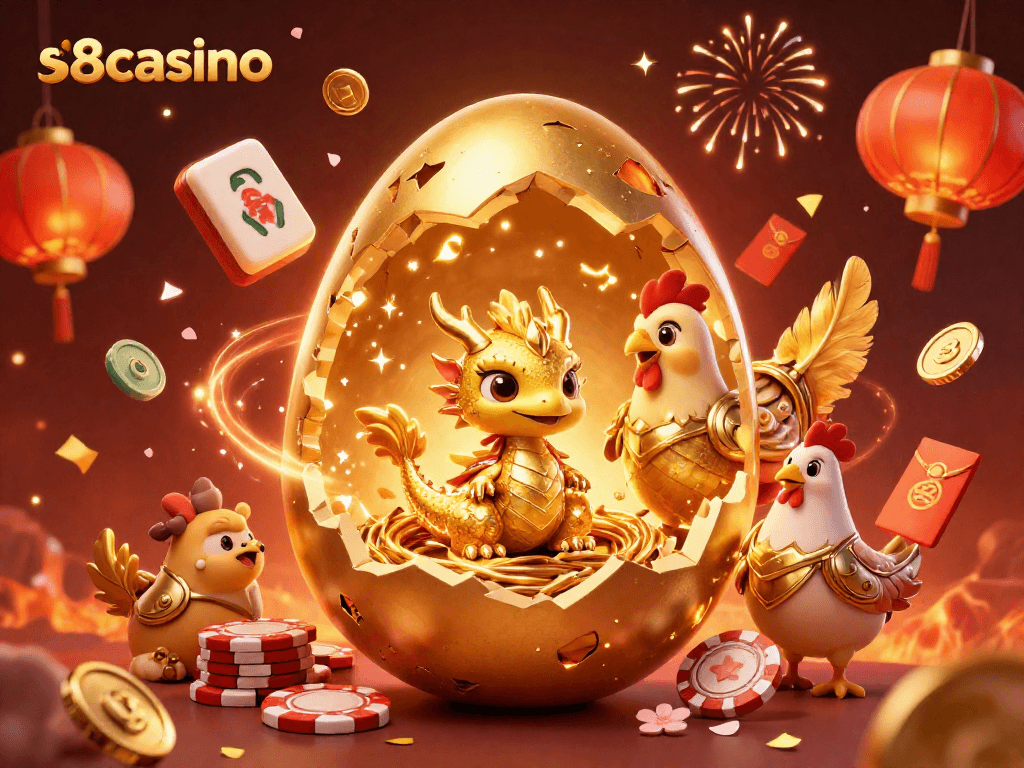 Experience the excitement at s8casino with a golden dragon emerging amidst festive gambling elements.