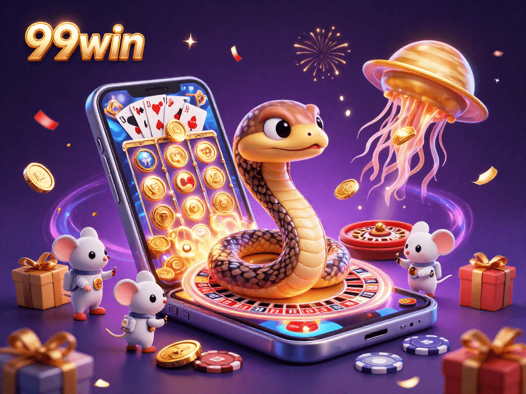 Engage with 99win’s exciting cosmic casino illustration featuring animated characters experiencing games and winning.