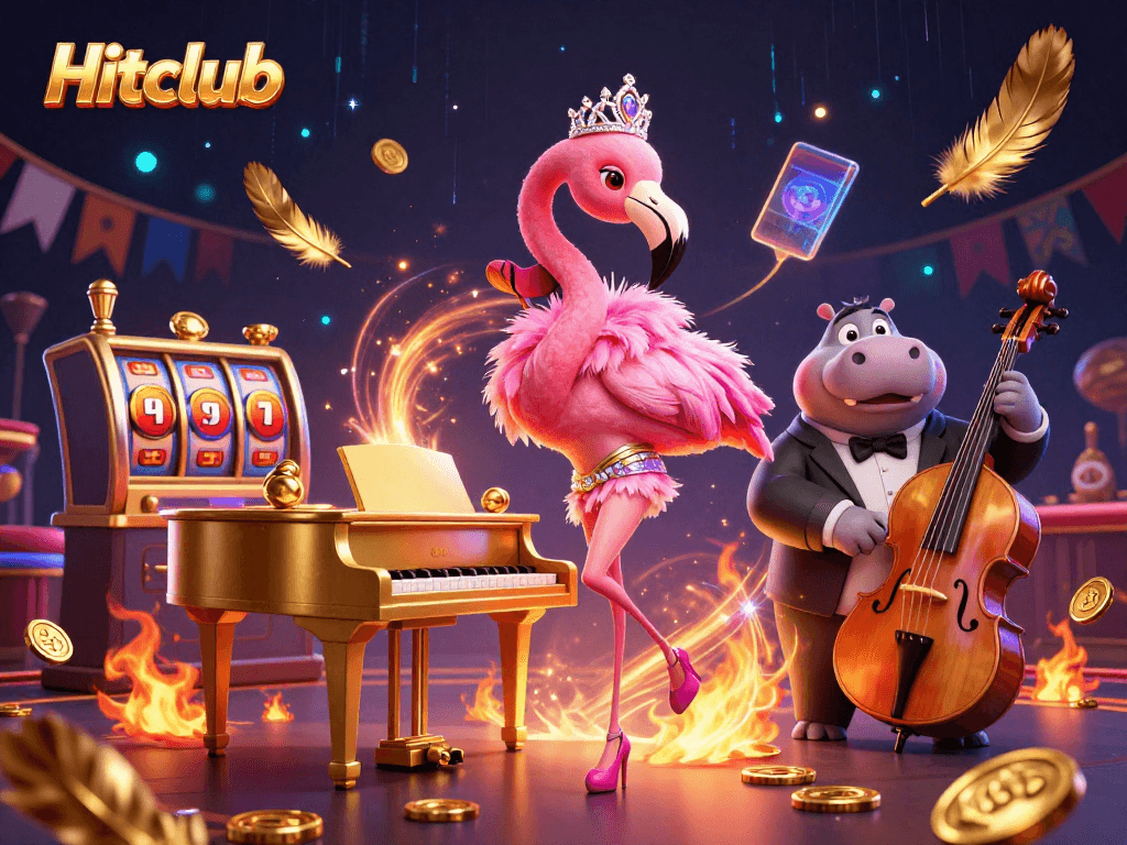 Hitclub transforms the casino experience with a vibrant lounge scene featuring a singing flamingo and hippo bassist.
