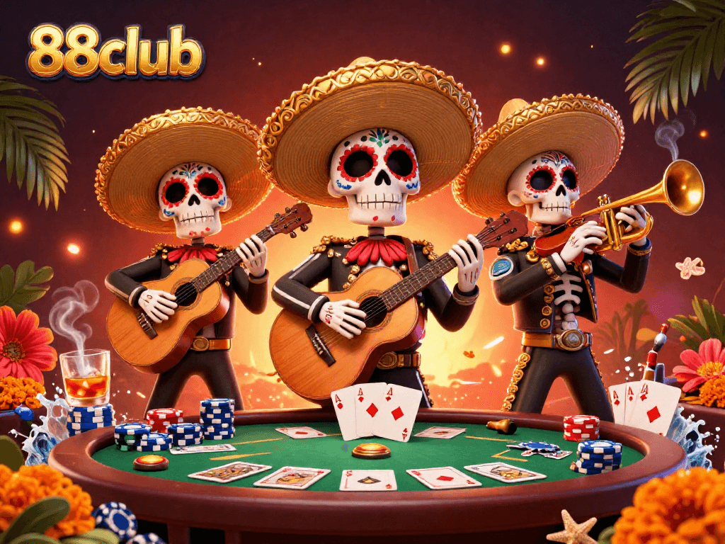 Experience the lively action of 88club with vibrant mariachi skeletons celebrating at a poker table.