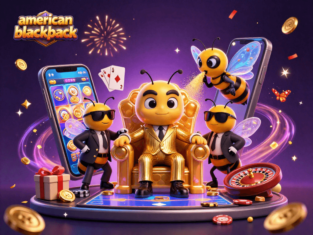 Play american-blackjack in an exciting casino setting with cartoon characters and vibrant game elements.