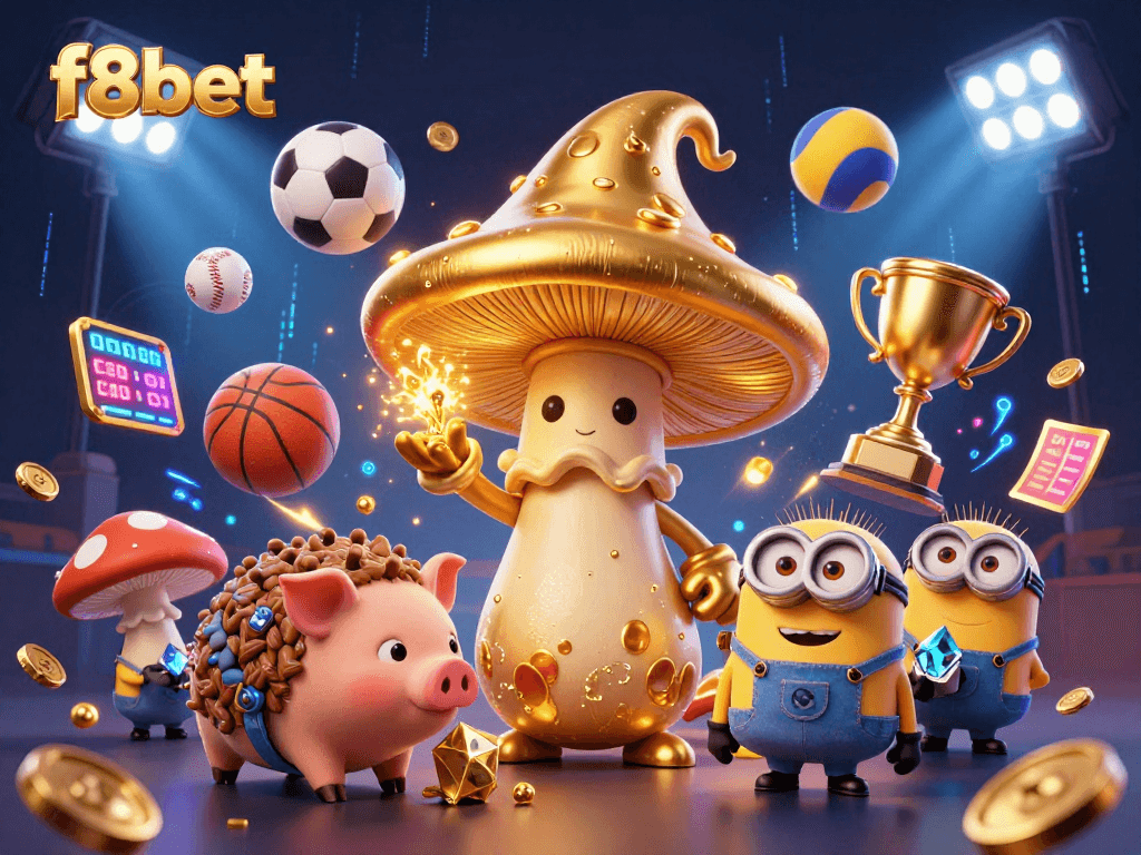 Experience the magic of f8bet with golden treasures and dynamic sports action in this vivid illustration.