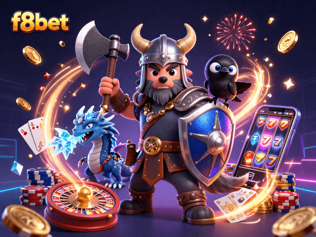 Win big at f8bet with a Viking wolf warrior, fierce dragon, and vibrant casino elements!