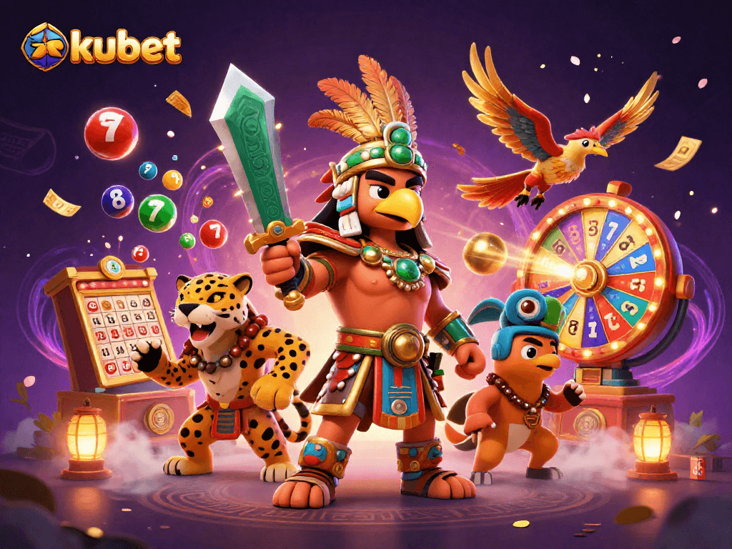 Experience thrilling action with kubet's vibrant lottery and casino elements in a dynamic illustration.