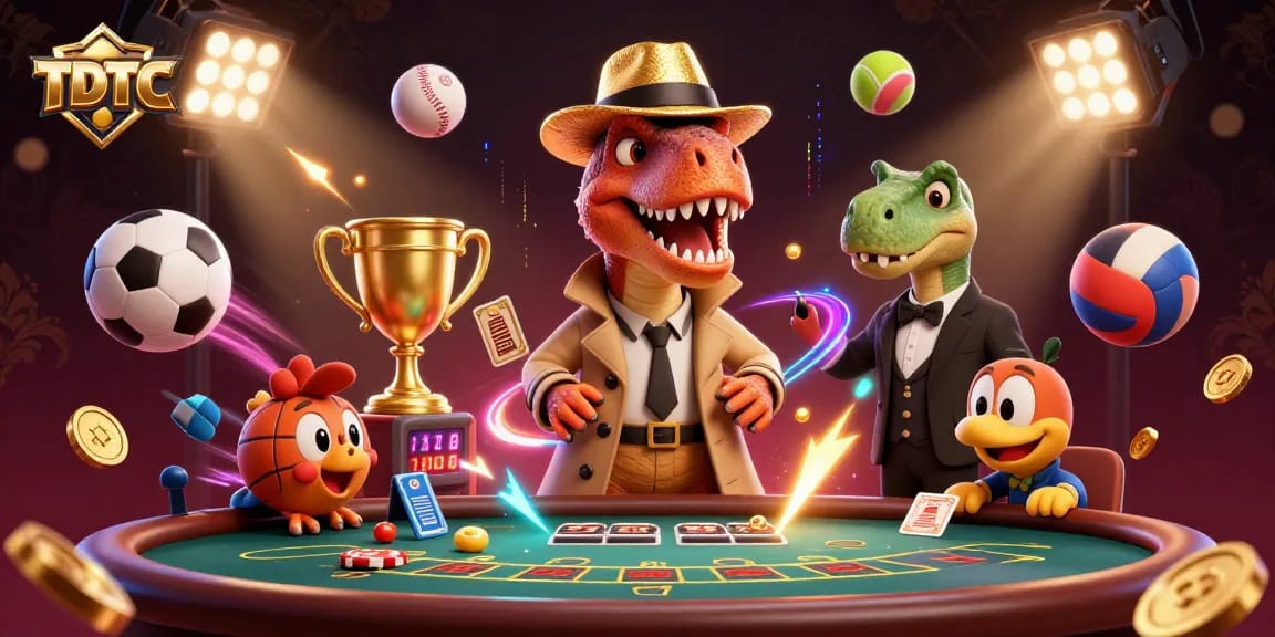 TDTC showcases a thrilling scene with cartoon dinosaurs at a blackjack table amidst sports elements.