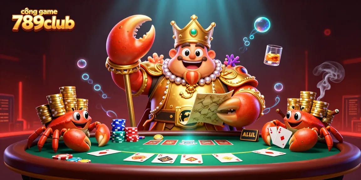 Engage in thrilling games at cổng game 789club, with an emperor crab presiding over poker excitement and treasures.