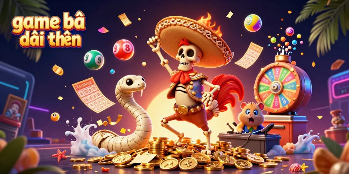 Engaging scene of game bài đổi thưởng with a festive skeleton mariachi rooster, colorful lottery balls, and energetic elements.