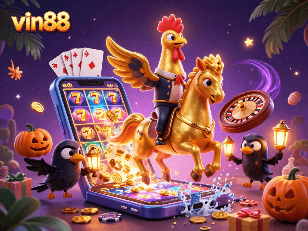 Experience vin88's thrilling jackpot scene with a golden rooster and vibrant casino elements.