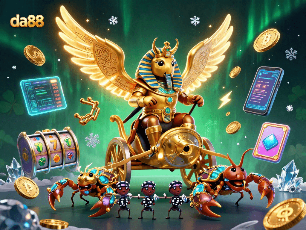 Join the da88 experience with a golden scarab beetle and crypto elements in a vibrant casino illustration.