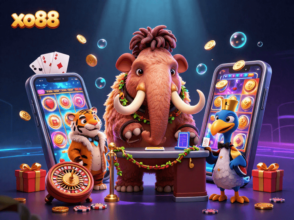 Experience excitement with xo88 in a vibrant casino scene featuring charming cartoon characters and slot games.