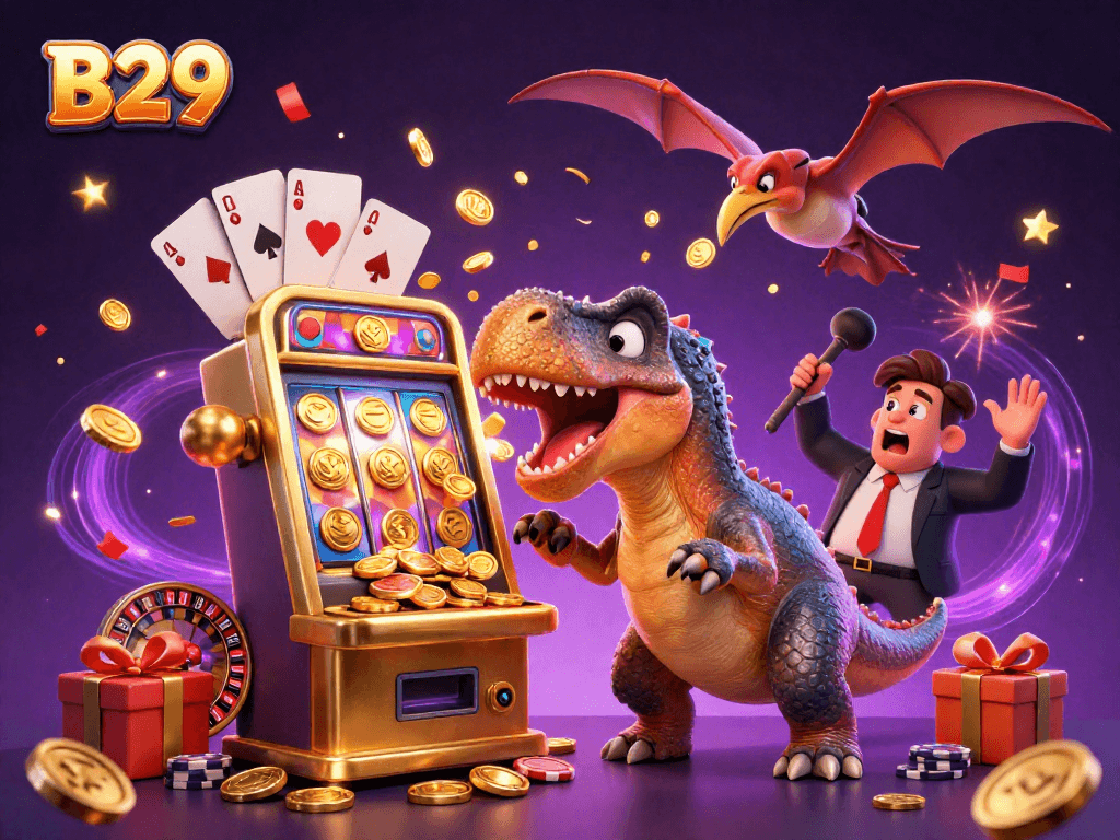 B29 players celebrate jackpots as dynamic characters engage with casino elements like slot machines and cards.
