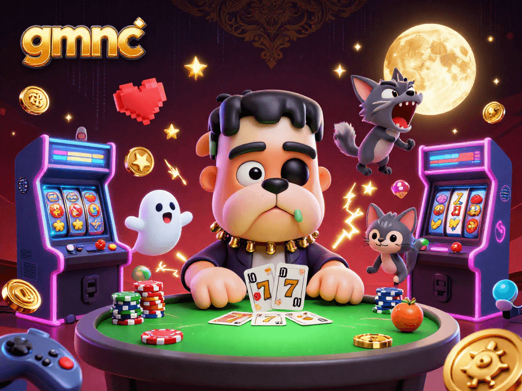 Win at gmnc's casino with a playful scene of cartoon characters and gaming elements.