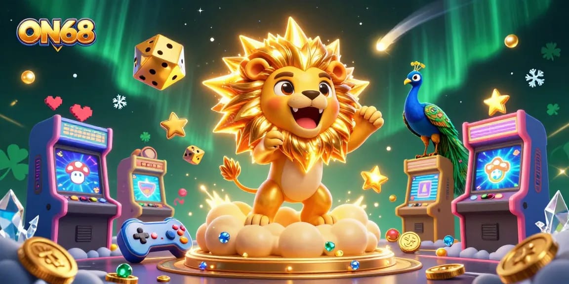 Join the exciting action at ON68 with a roaring lion, golden dice, and thrilling game elements.