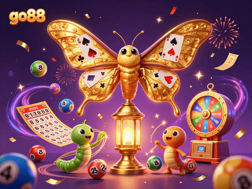 Engage with go88, featuring vibrant 3D casino elements and characters in a festive scene.