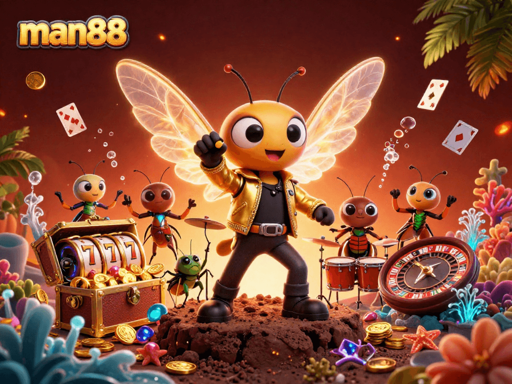 Experience thrilling wins at man88 with a vibrant casino scene filled with characters and exciting games.