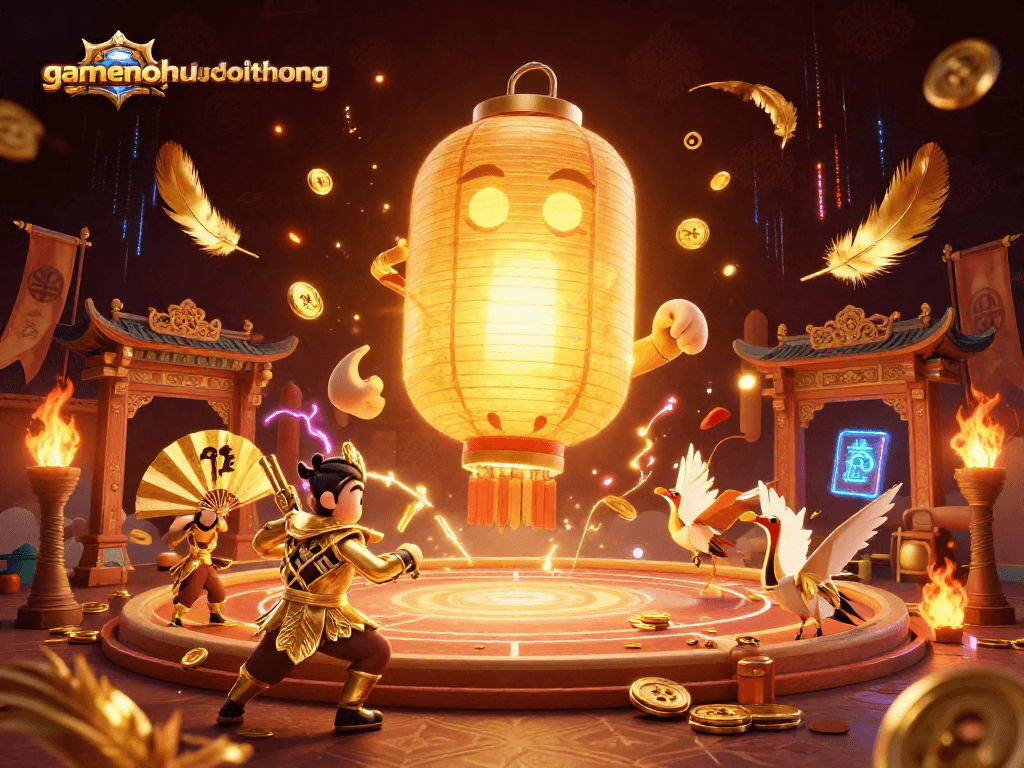 Spin thrilling jackpots at gamenohudoithuong with vibrant lantern spirits and golden warriors.