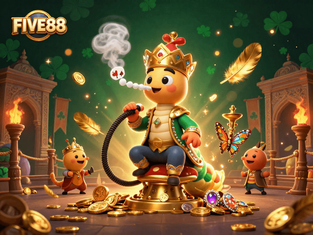 Engage in thrilling bets with FIVE88 in a vibrant 3D illustration showcasing poker symbols and a sultan caterpillar.