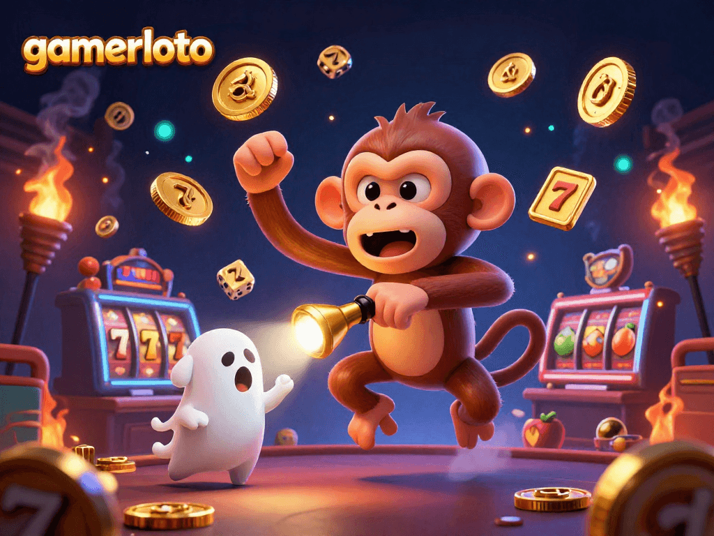 Experience gamerloto excitement with a lively casino scene of a playful poltergeist monkey and a curious puppy.