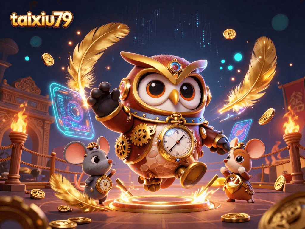 Engage in thrilling gaming at taixiu79 with a vibrant 3D illustration of a steampunk owl and mouse.
