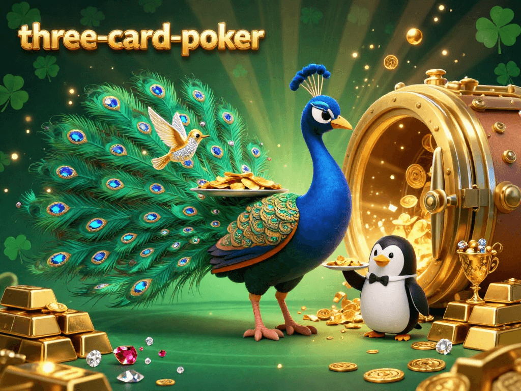 Experience three-card-poker excitement with a vibrant 3D scene showcasing characters amidst gold treasures and casino flair.