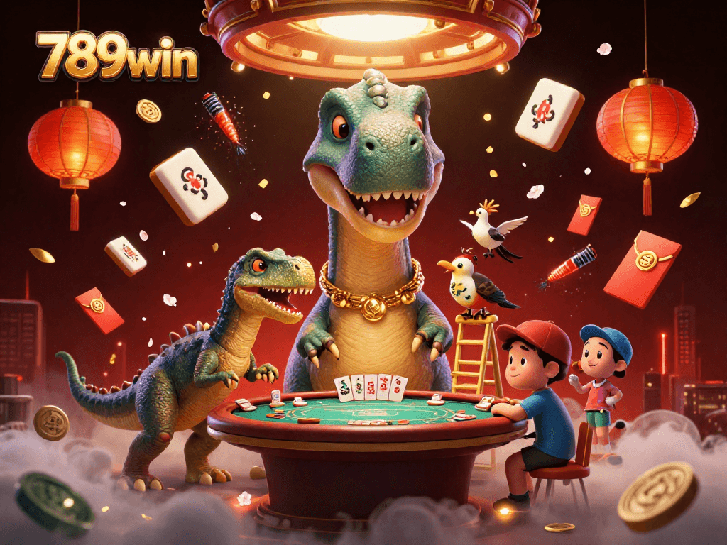 Experience the thrill of winning with 789win's dynamic casino scene featuring a playful brontosaurus.