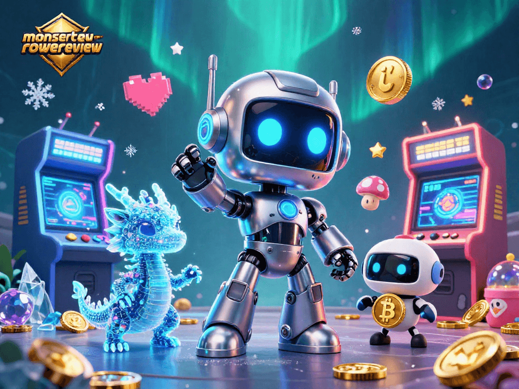 Join the action at monstertowerreview with a vibrant 3D illustration of a cyberpunk robot and AI dragon in a dynamic casino scene.
