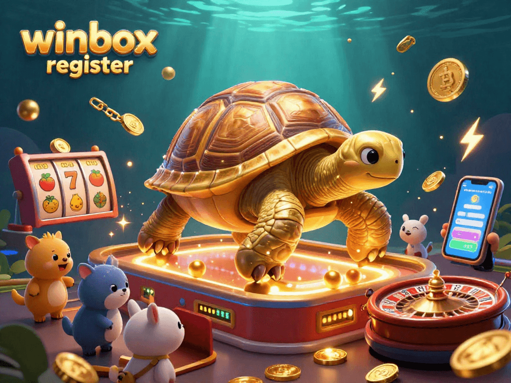 Engage with the winbox register excitement and vibrant gaming experience through a lively 3D illustration of a pinball tortoise.