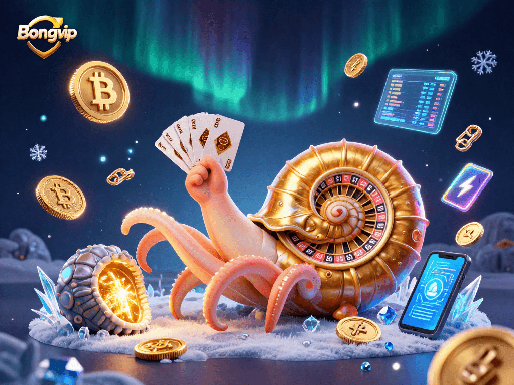 Bongvip players betting on a vibrant 3D casino scene showcasing a giant nautilus and crypto elements.