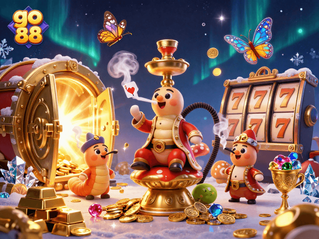 Experience the thrills of go 88 with vibrant slot reels and dazzling treasure in this 3D illustration.