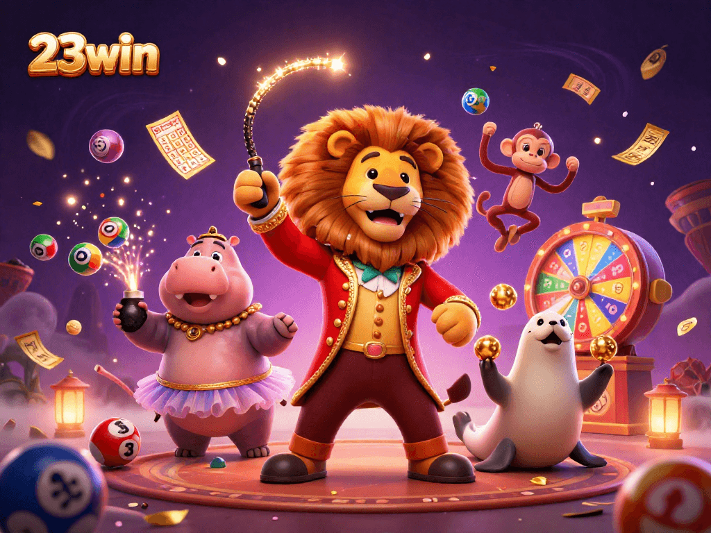Experience the excitement of 23win with a vibrant circus-themed casino illustration showcasing lively characters.