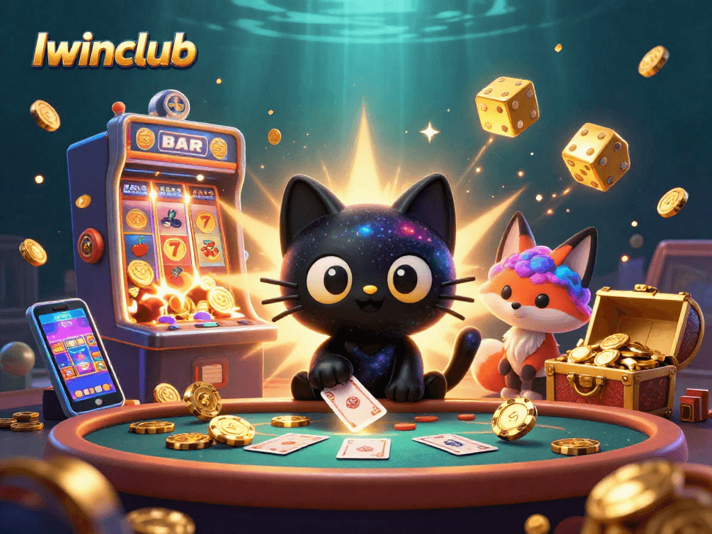 Iwinclub's dazzling cosmic casino scene with a black hole cat and nebula fox attracting golden chips.
