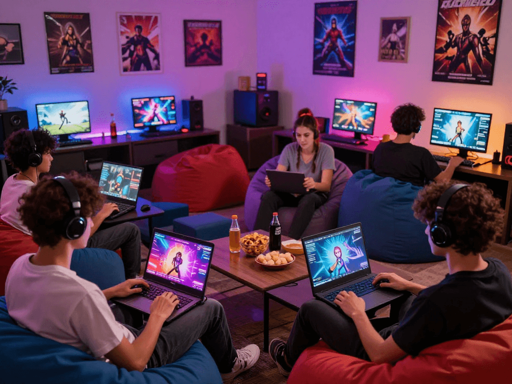 Gamers happily playing interactive porn games in a vibrant lounge setting.